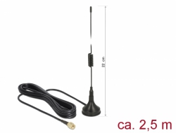 Delock LTE Anténa SMA samec 90° 2,5 dBi všesměrová pevná s magnetickou základnou a připojovací kabel RG-174 2,5 m venkov