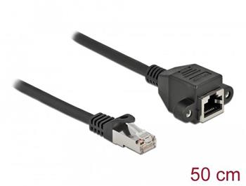Delock Prodlužovací síťový kabel, ze zástrčky S/FTP RJ45 na zásuvku RJ45, Cat.6A, délka 50 cm, černý