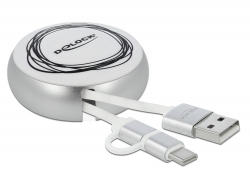 Delock Zatažitelný kabel USB 2.0 2 v 1, Typu-A na Micro-B a USB-C™, bílý / stríbrný